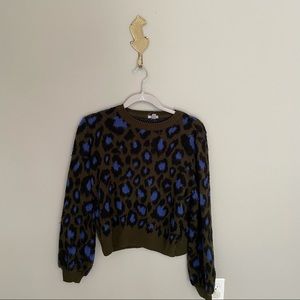 Olive and cobalt leopard print sweater